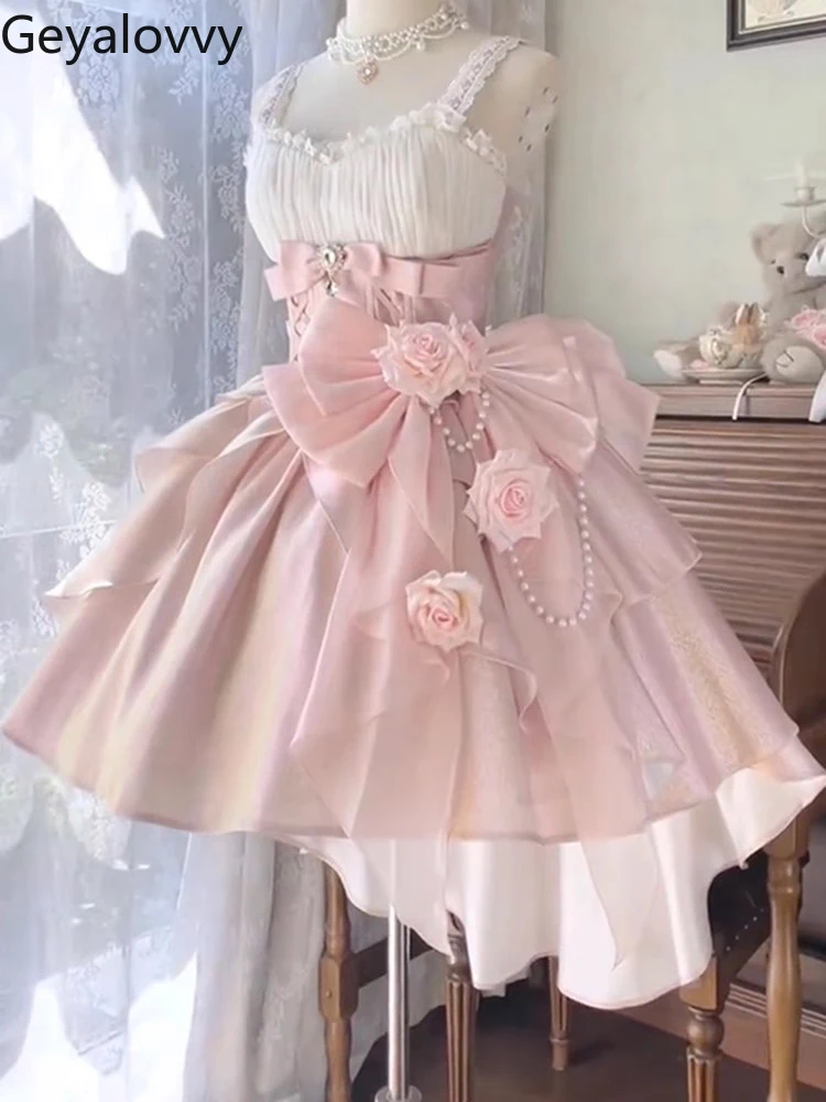 

Sweet and Cute Jsk Princess Sleeveless Dress Summer New Pink Lolita Flower Lace-up High-waisted Short Tutu Party Dresses