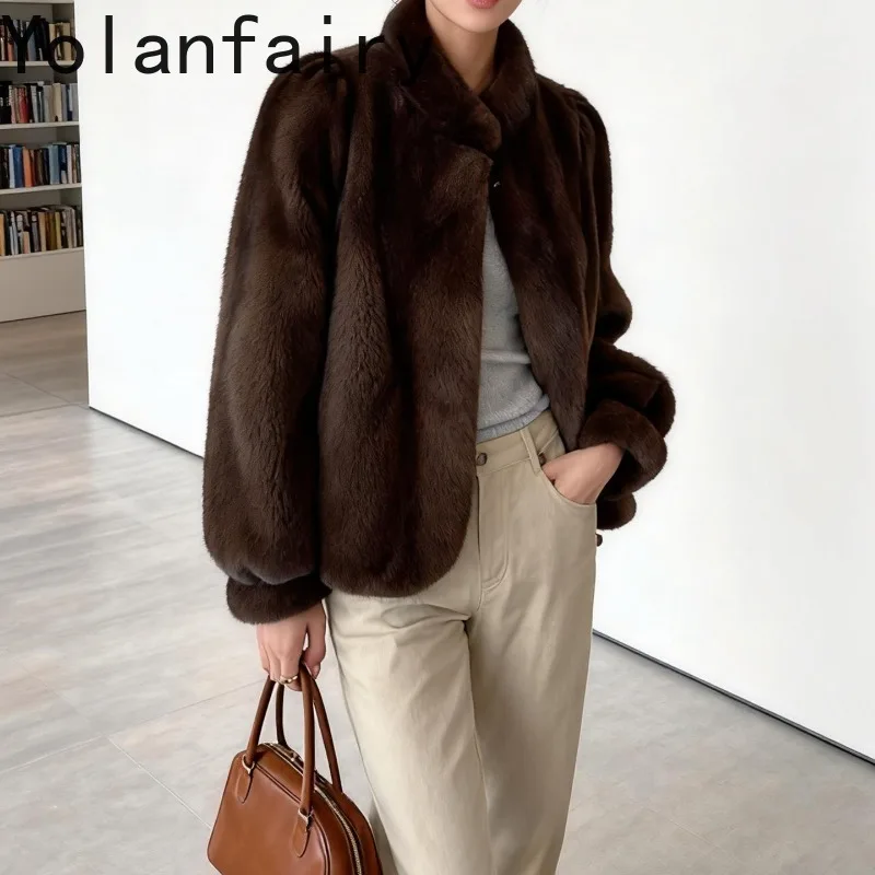 YOLANFAIRY معاطف فرو حقيقي من المينك بالكامل للنساء معطف شتوي بياقة ثابتة قصير معطف فرو طبيعي معاطف نسائية أنيقة ودافئة من الفرو