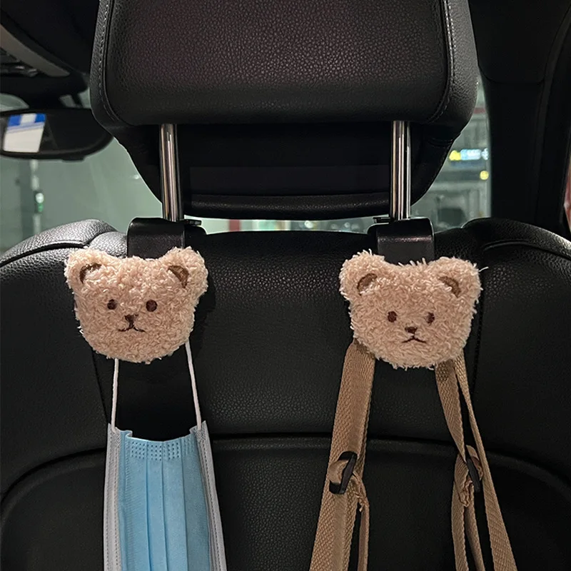 2PCS Cute Cartoon Bear Car Seat Back Hooks Storage Vehicle Headrest Organizer Hanger for Groceries Bag Handbag Car Decoration