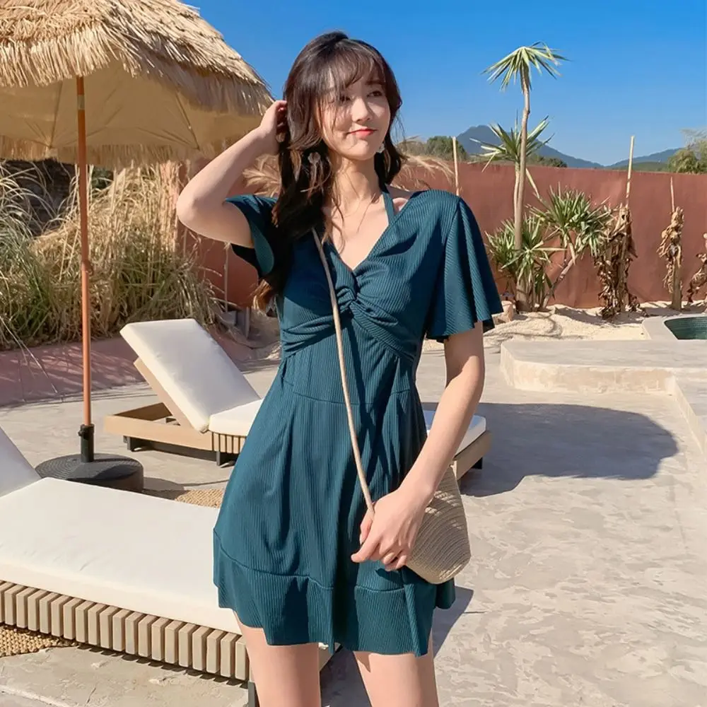 

Sweet Safety Pants Halter Skirt Swimsuit Pleated Beachwear Hot Spring Swimwear Short Sleeve Bathing Swimwear Suit Vacation