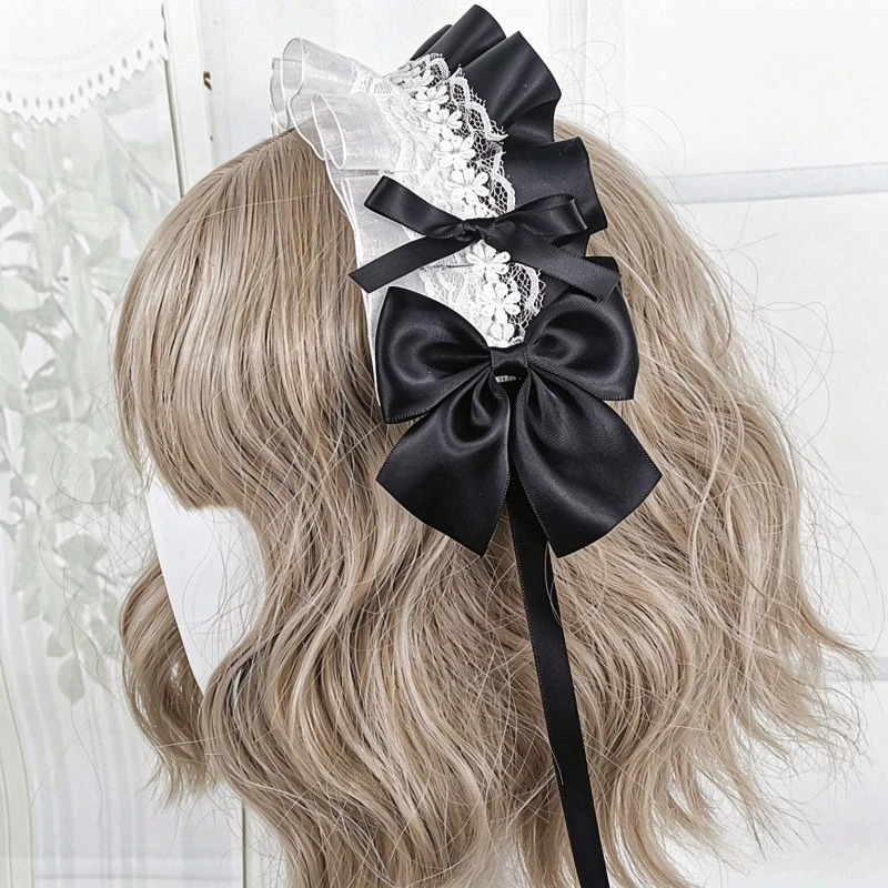 Gothic Lolita Sweet Headband Contrast-Color Ruffled Lace Ribbon Bow Hairband With Hairpins Anime Maid Headdress Accessories
