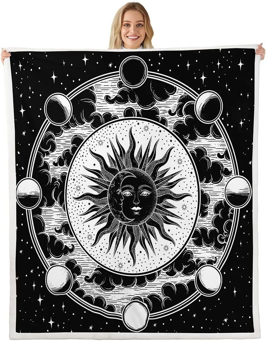 Bohemian Sun Moon Throw Blanket Starry Sky Blanket Galaxy Dark Cloud Cartoon Design Planet Round Fuzzy Blanket, Sherpa Blanket