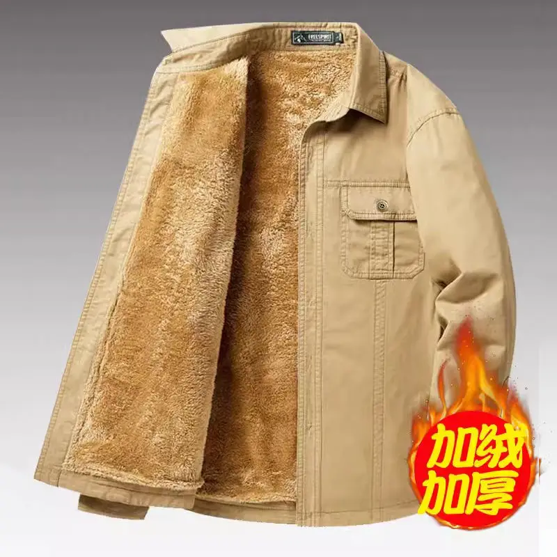 Winter Fleece Lapel Cargo Shirt Jacket Men's Plus Size Casual Warm Top