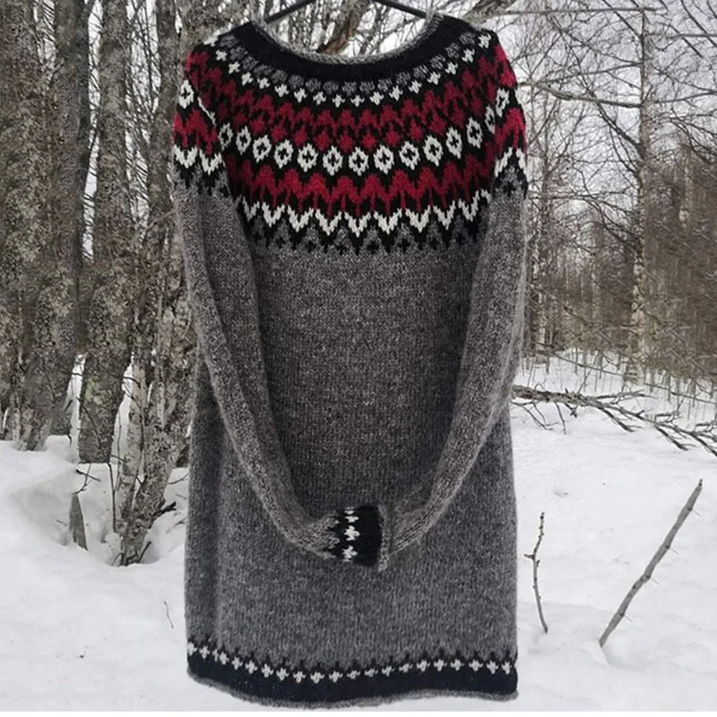 Jesień Zima Dzianinowe Sukienki z Długim Rękawem Kobiety Retro Żakardowy Nadruk Tkanina Pullover Sukienka Casual O Neck Slim Ciepły Sweter Sukienka