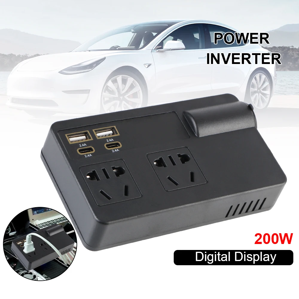 200W Voltage Detection DC 12V/24V to AC 220V Converter ON/OFF Switch Car Inverter Power Adapter QC 3.0 USB/PD/Type-C Chargers