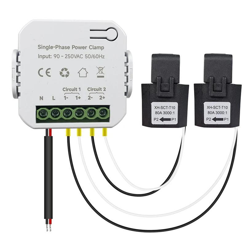 

Tuya Smart WiFi Energy Meter 80A with Current Transformer Clamp KWh Power Monitor Electricity Statistics 90- 250V(2CT)