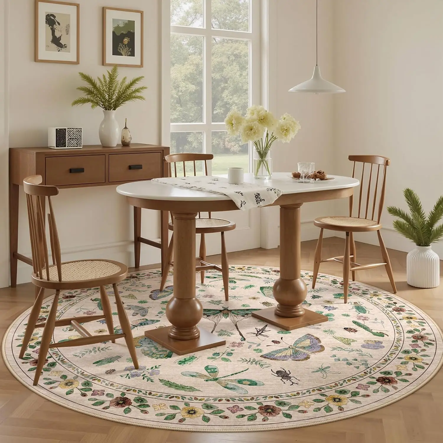 Round Floral Rug, Non-Slip Low Pile Floor Mat for Living Room or Bedroom, Soft Ultra-Thin Carpet for Home Use
