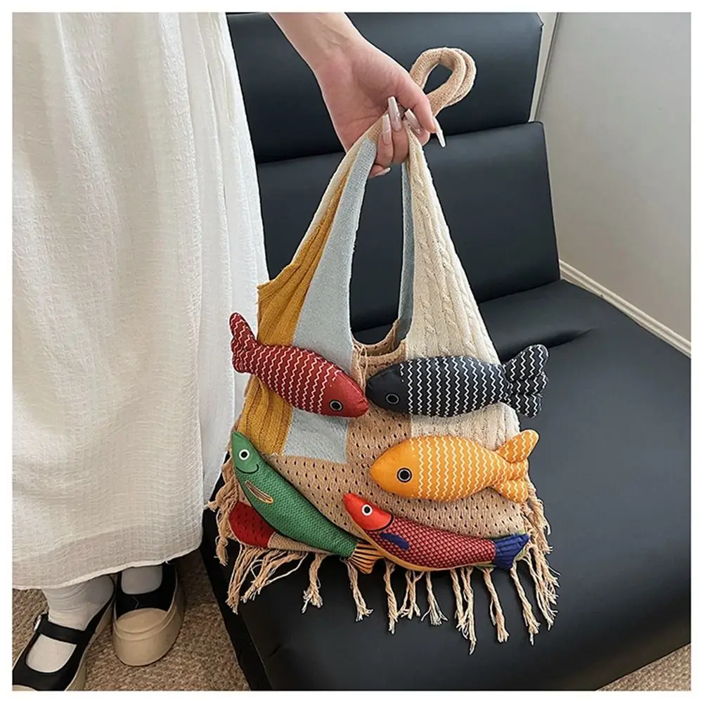 

Foldable Summer Cotten Crochet Shoulder Bag Large Capacity Fashion Hollow Out Weave Bag Handbag Fish Tote Bag Women