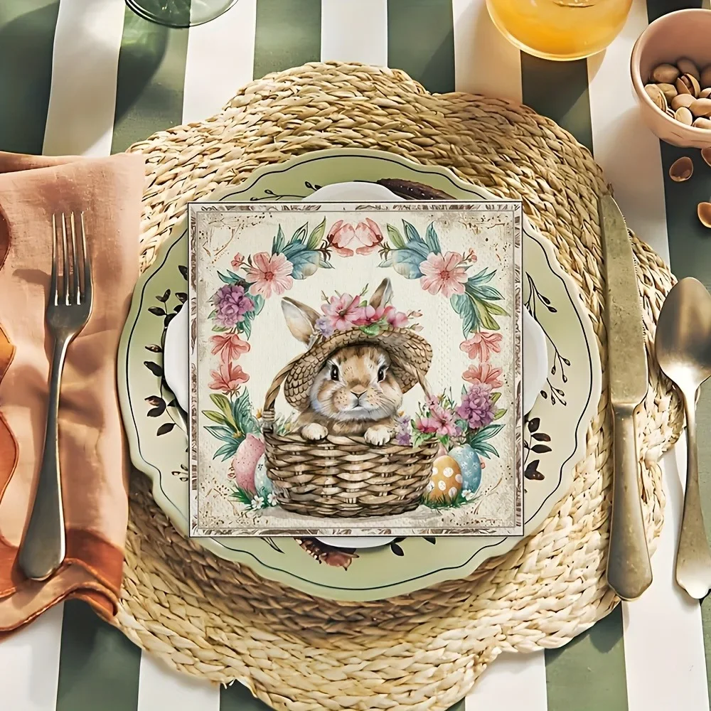 Easter Bunny Flower Basket Napkins Sqaure Disposable Paper Placemat for Party Holiday Event Dinner Table Setting Decoration