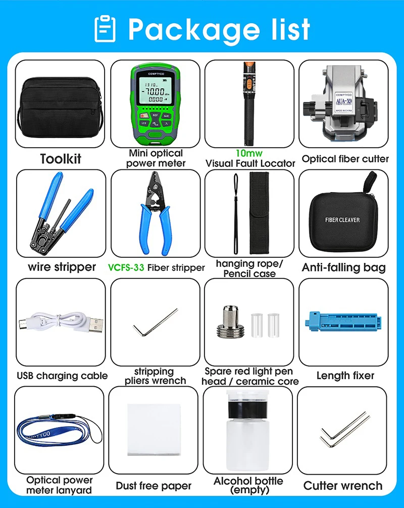 Kit Alat Serat Optik dengan AUA-X9 Serat Golok-70 + 10dBm/-50 + 26dBm 3 In 1 Meteran Daya Optik Mini 10Mw Pencari Kesalahan Visual