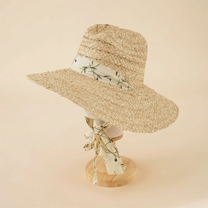 Sun Hat 53cm Head Circumference for Children Outdoor Chin Straps Adjust Straw Hat Girls Raffia Sun Cap Summer Beach Seashore