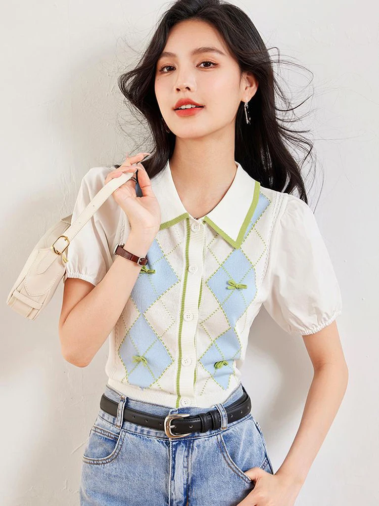 Women Retro Fashionable Splicing Design Shirts Diamond Embroidery Short Sleeve Chic Knitwear Top Casual Slim Stretchy Tops