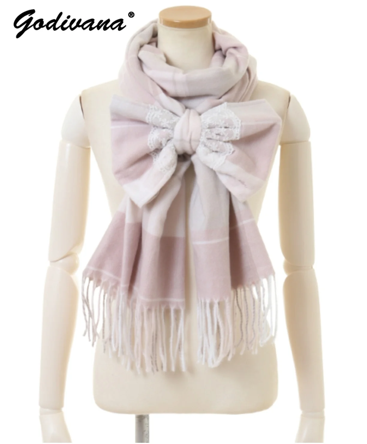 Japanese Liz New Lazy Wind Girls Sweet Plaid Lace Bow Scarf Soft Warm Women\'s Winter Lolita Scarf