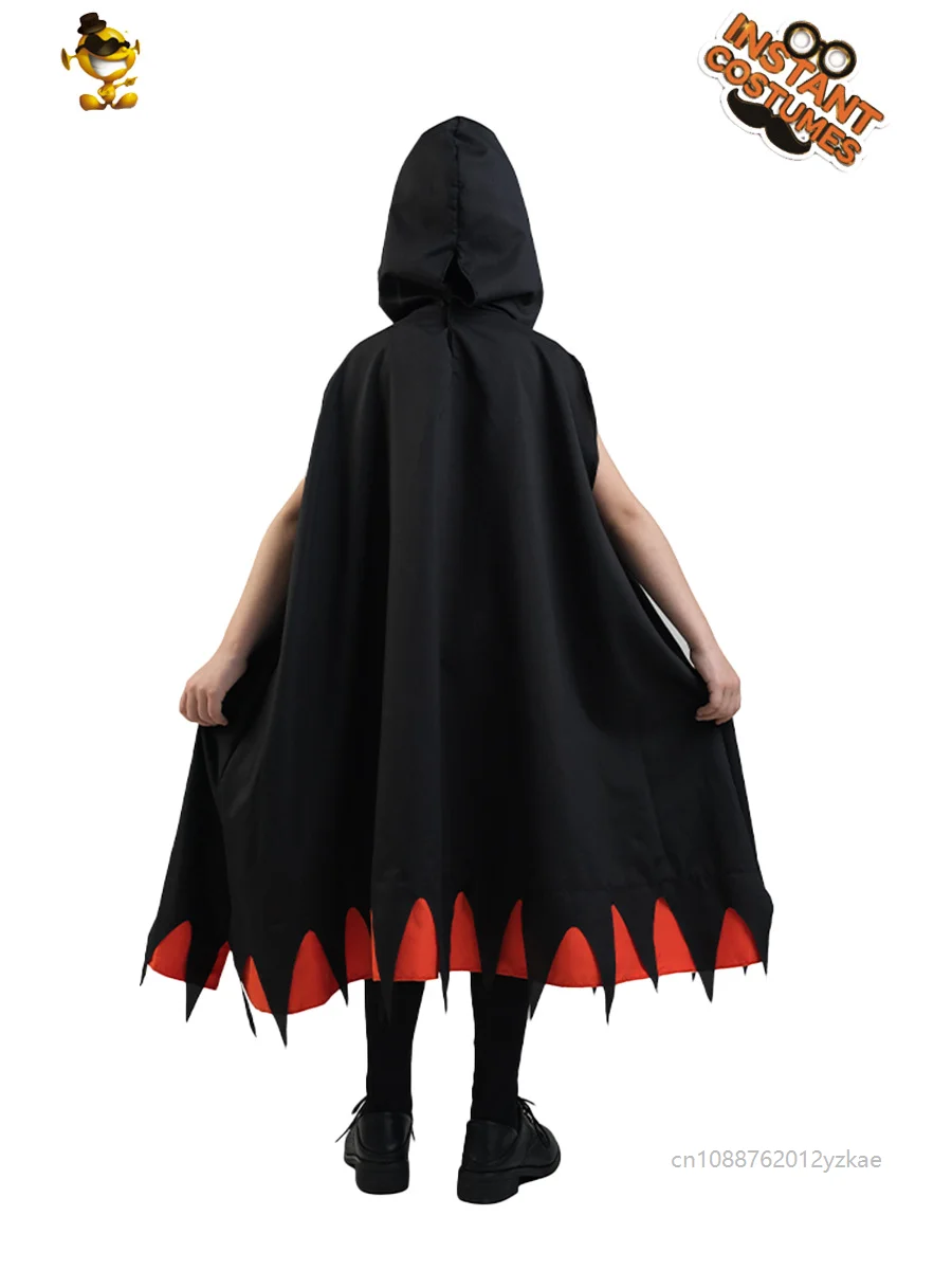 Enfant Halloween Grim Reaper Costume Black Jagged Edge Cape Spider Pumpkin Pattern Hood Cloak Cosplay Outfit With Skull Mask