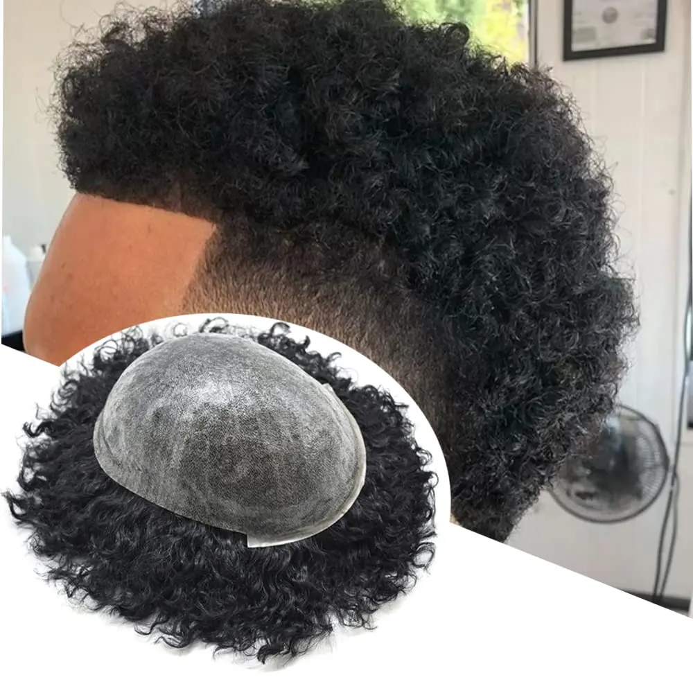 شعر مستعار للرجال 100% شعر بشري مجعد كامل من البولي يوريثان قاعدة شعر مستعار للرجال السود استبدال الشعر عالي الكثافة