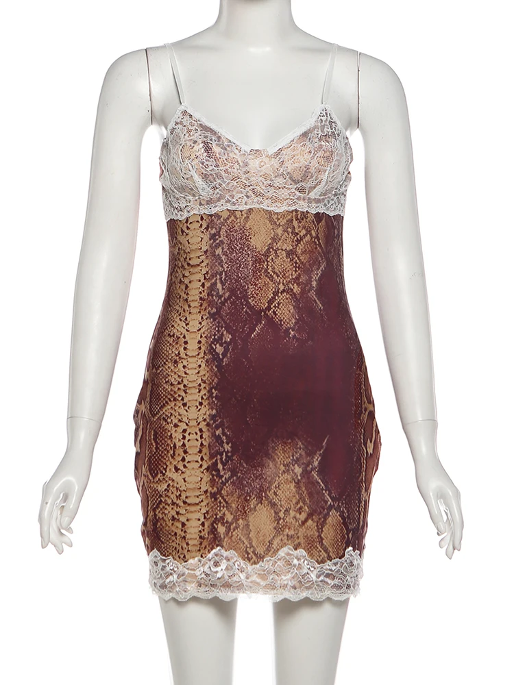 Nibber-vestido de encaje de retales para mujer, estampado de serpiente, cuello bajo, ajustado, alta elasticidad, sin mangas, Sexy, minivestido ajustado para fiesta de graduación de medianoche