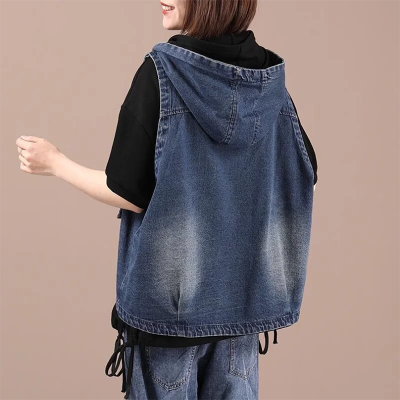 Fried Street Casual Denim Waistcoat Vest Women Jacket Spring Autumn Korean Loose Literature Hooded Jeans Vest Female Zipper Coat