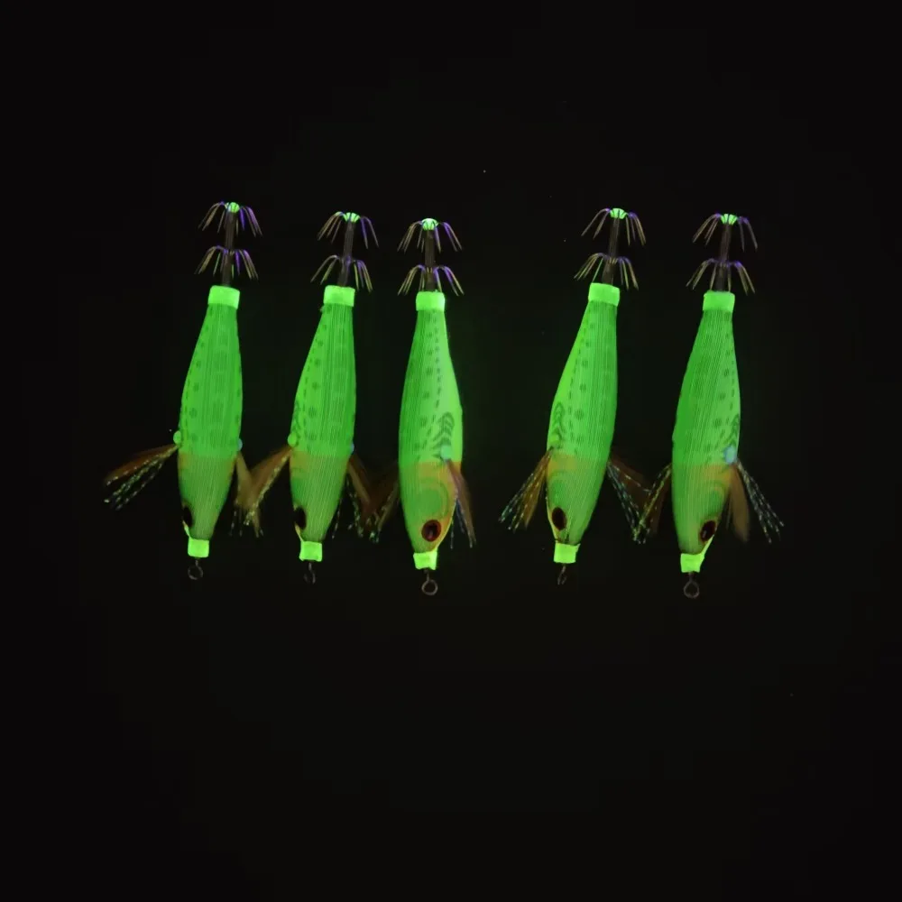 5pcs/set UV Horizontal Squid Jig Egi Set with Tackle Box 8cm Luminous Fluorescent Sea Fishing Lure Wood Shrimp Cuttlefish Tackle gallery 1