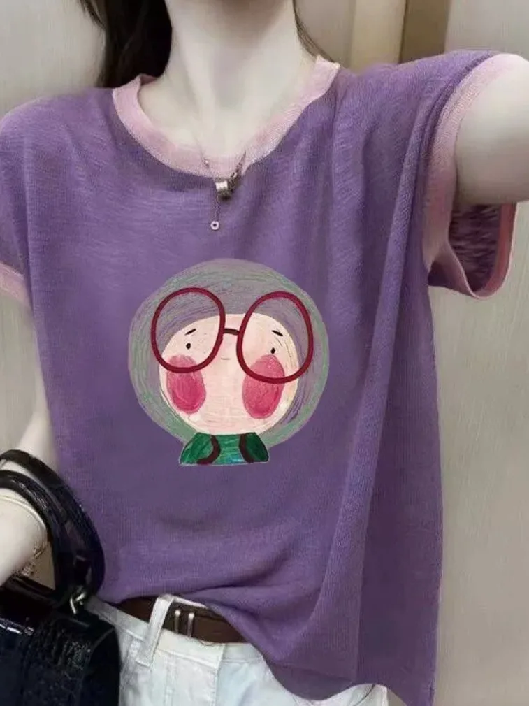 Outlet Zomer Ice Silk ort Sve T-shirt Dames Faion ronde Ne Dunne bedrukte top Cool Sensation Loose Fit Normale lengte