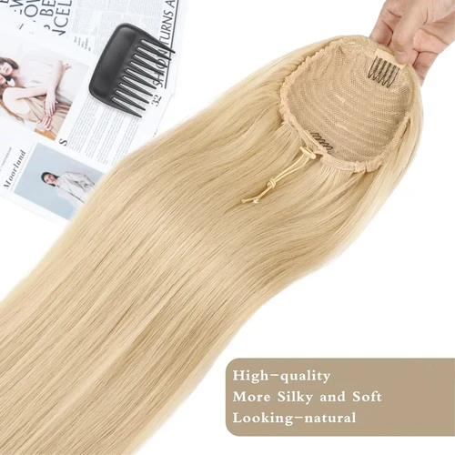 Imagen 2 del producto # Extensiones de cabello con cola de caballo con cordón recto Rubio 613, extensiones de cabello humano 100% sin procesar, 10-26 pulgadas, 120G para mujeres