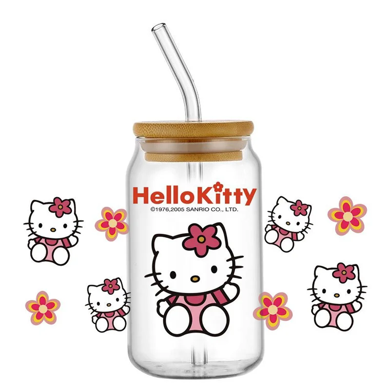 Miniso Kawaii Hello Kitty Cartoon UV DTF Cup Wrap For 16oz Libbey Coffee Glass Can Cup Wrap Easy peel waterproof DIY Wholesale