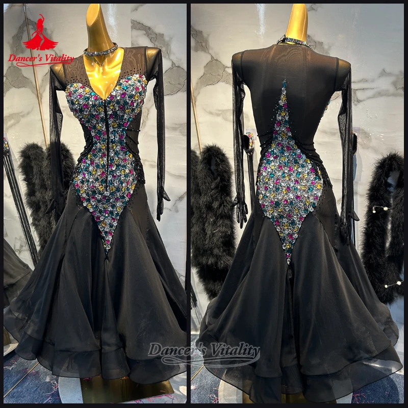 Ballroom Dance Mesh Splicing Long Sleeves Dresses with Necklace Advanced Customize Female Waltz Foxtrot Outfit Dancer's Vitality