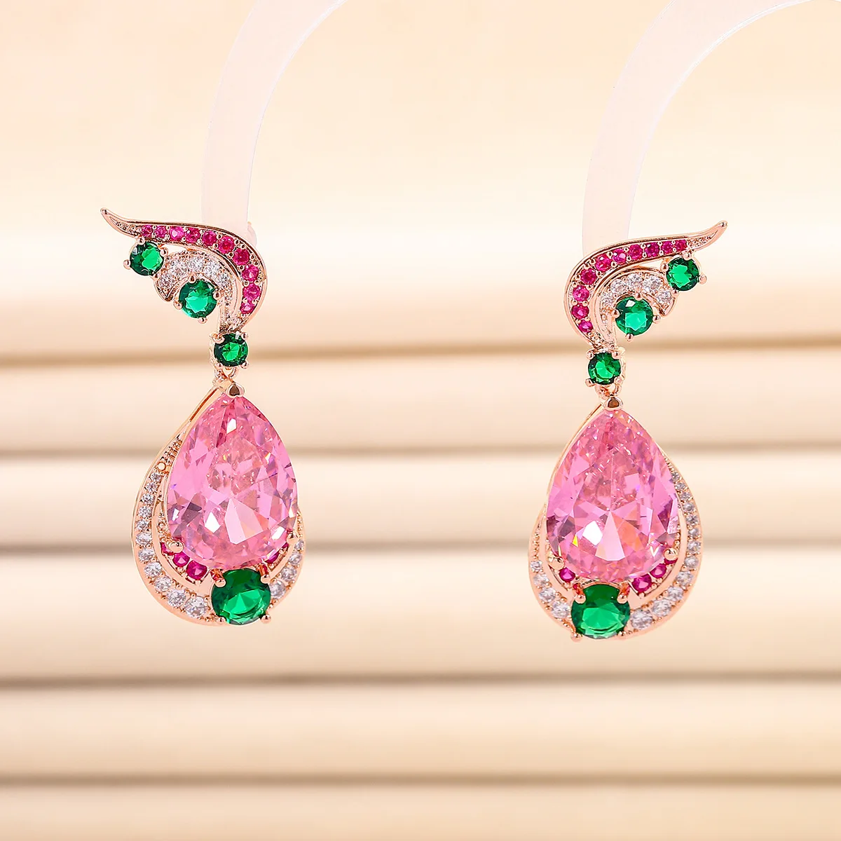 

Pink Diamonds Drops Gemstones Earrings Elegant Trendy Women Inlaid Top Large Zirconia Plated 18K Golden Jewellery Vintage Bridal