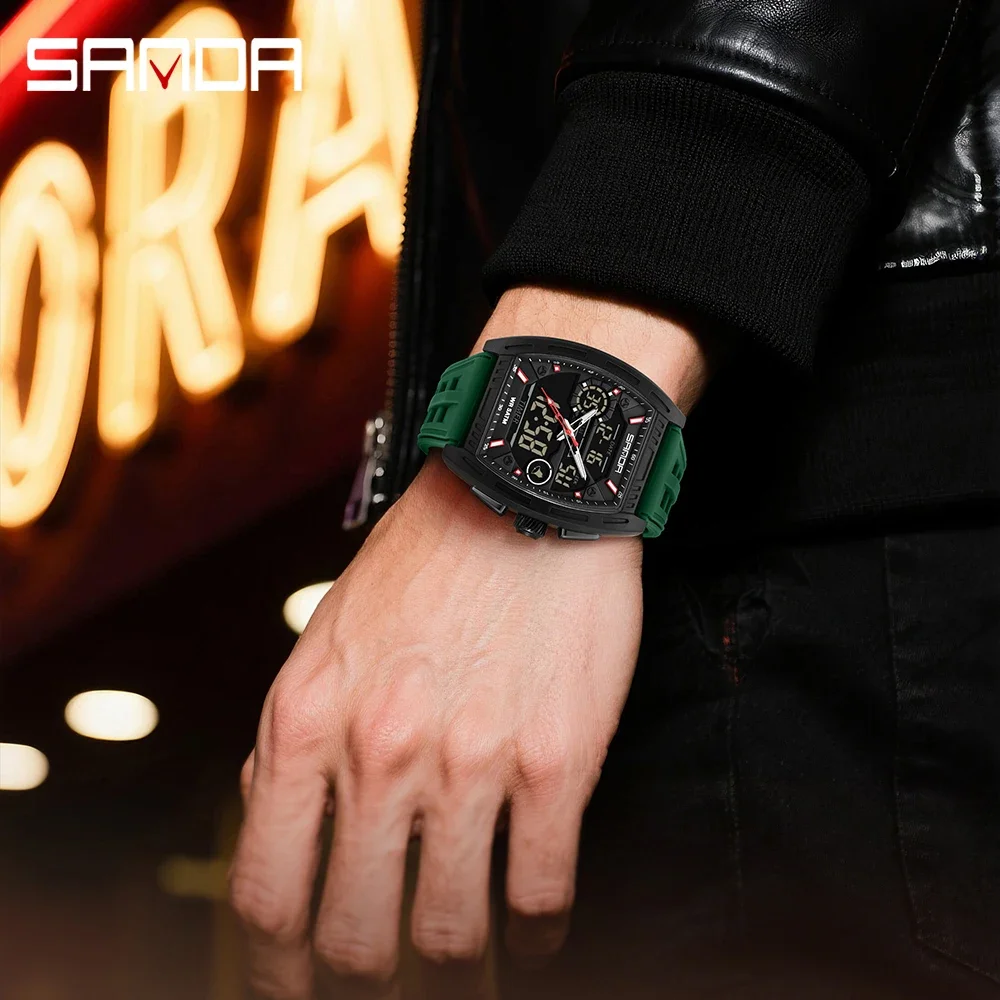 SANDA 6321 ساعة إلكترونية جديدة رقمية متعددة الوظائف موضة ساعة رجالي سيليكون مقاوم للماء ساعة منبه ساعة رجالي