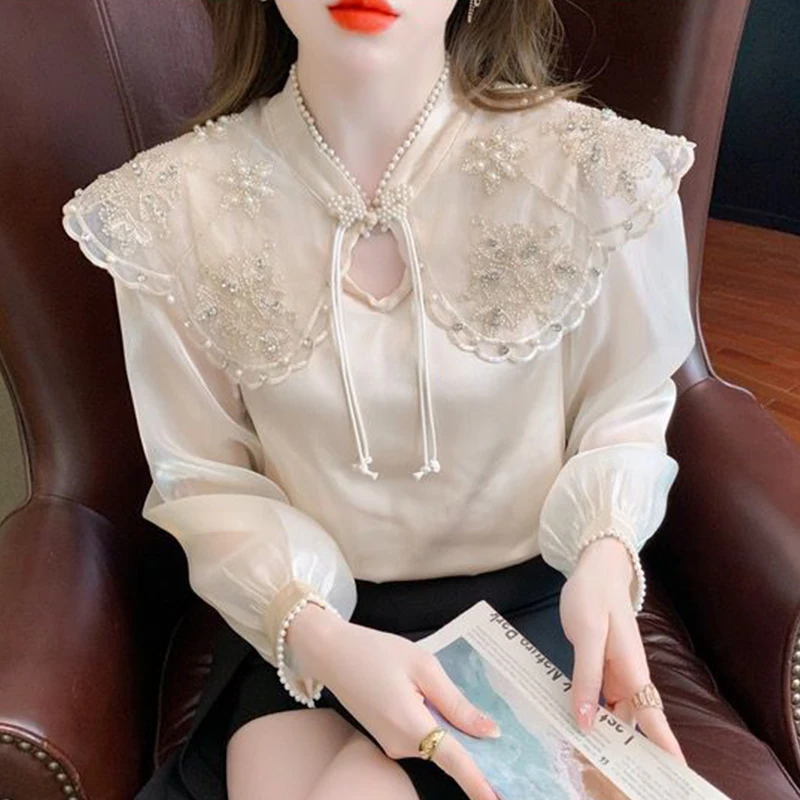 Spring Autumn Stand Collar Vintage Beading Diamons Elegant Fashion Shirt Ladies Long Sleeve 3D Embroidery Satin Blouse Top Women