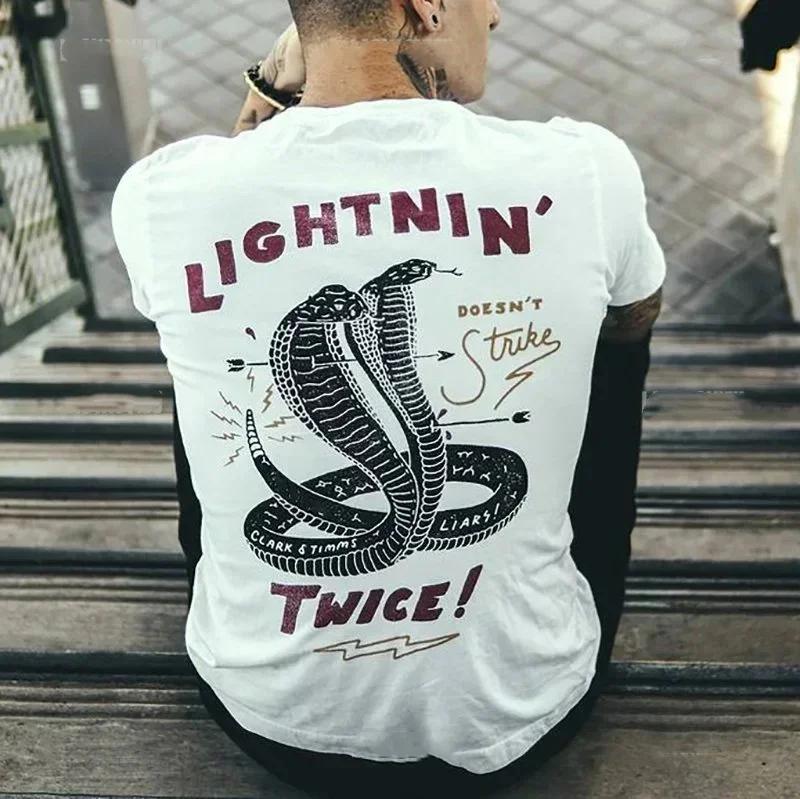 Summer Vintage Double Head Cobra Back Graphic T Shirt Men Women Western Cowboy Loose Oversized White Short Sleeve Tee