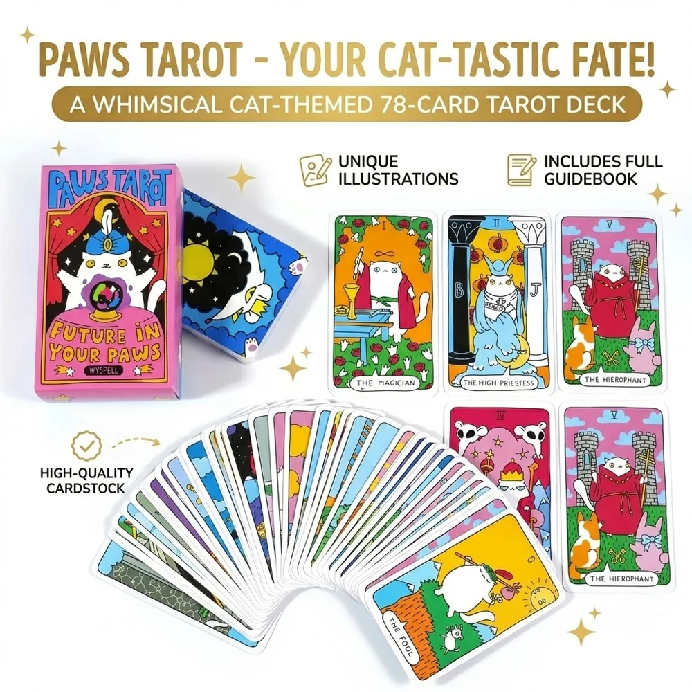 

78-card Cute Cat Tarot Deck (10.3x6.0cm), featuring adorable white cat illustrations,a soothing and charming divination art deck