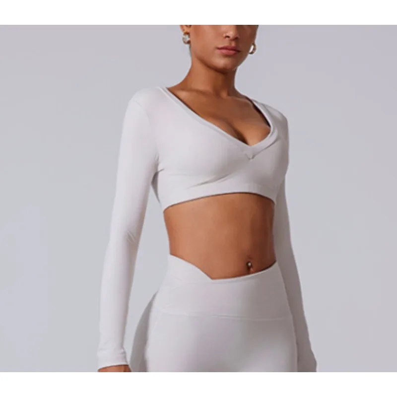 

Спортивная футболка с длинными рукавами и глубоким V-образным вырезом на спине, сексуальная короткая футболка для спортзала, топ с эффектом пуш-ап для бега и тренировок