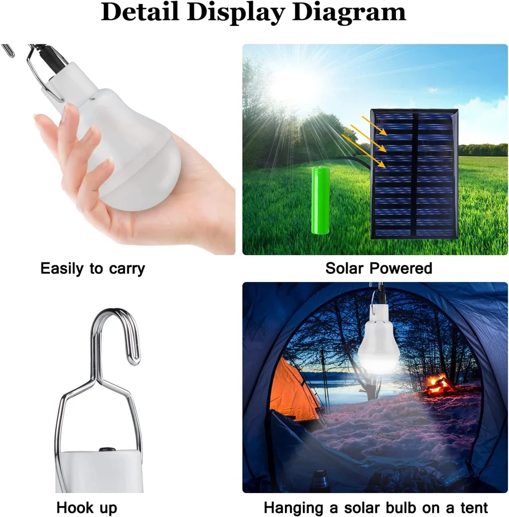 Lâmpada solar portátil, lâmpada LED, recarregável, barraca de acampamento, pesca noturna, painel de energia solar de emergência, luz solar