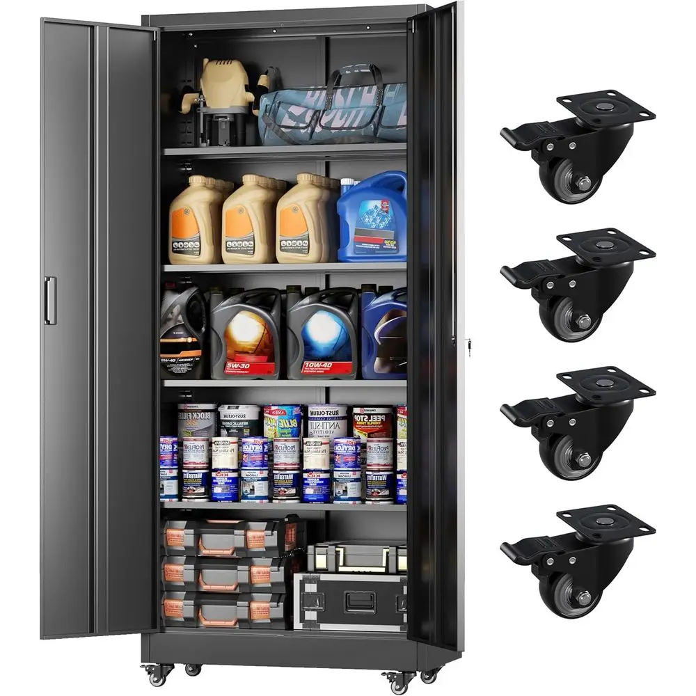 

73 Rolling Black Storage Cabinet with 4 Swivel Wheels, Lockable for Garage, Home, or Warehouse Use