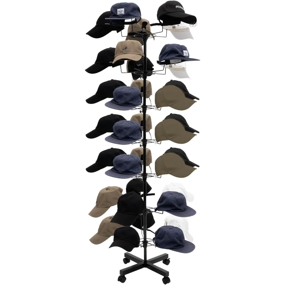 

Freestanding Rotating Hat Display Rack Stand with 35 Hooks, 7 Tiers Hat Holder Storage Organizer with Wheels, Floor Stand Displa