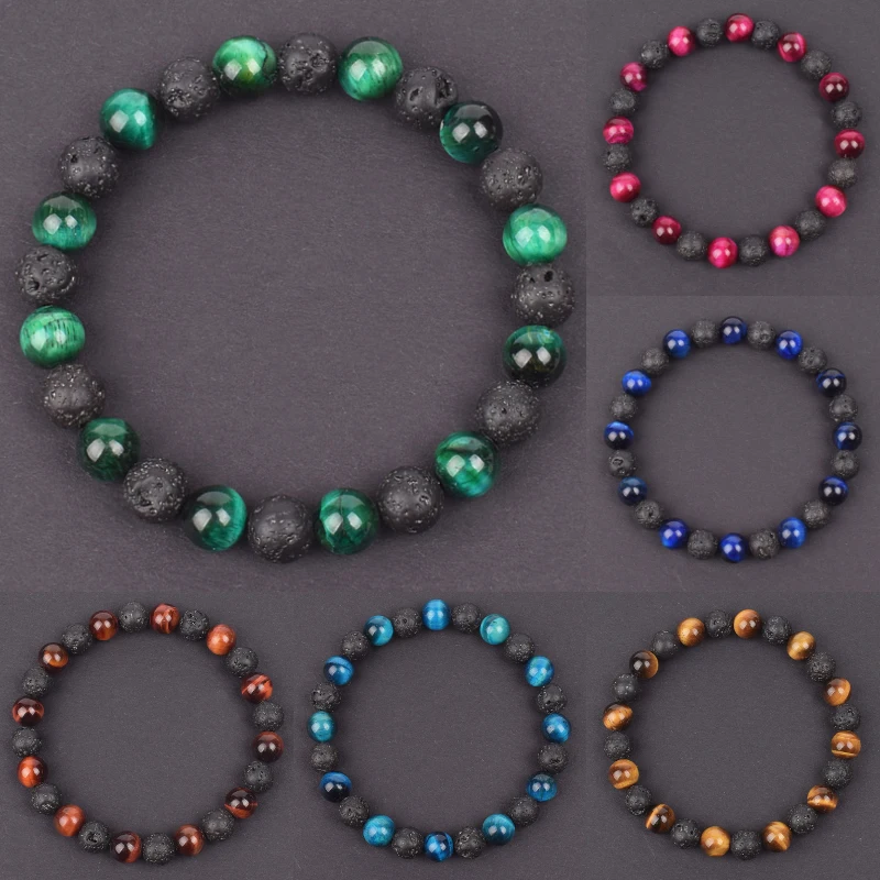 Vintage Natuurlijke Tiger Eye Lava Rock Black Stone Kralen Armband Op Hand Obsidan Armbanden Yoga Parfum Diffuseur Vulkanische Armbanden