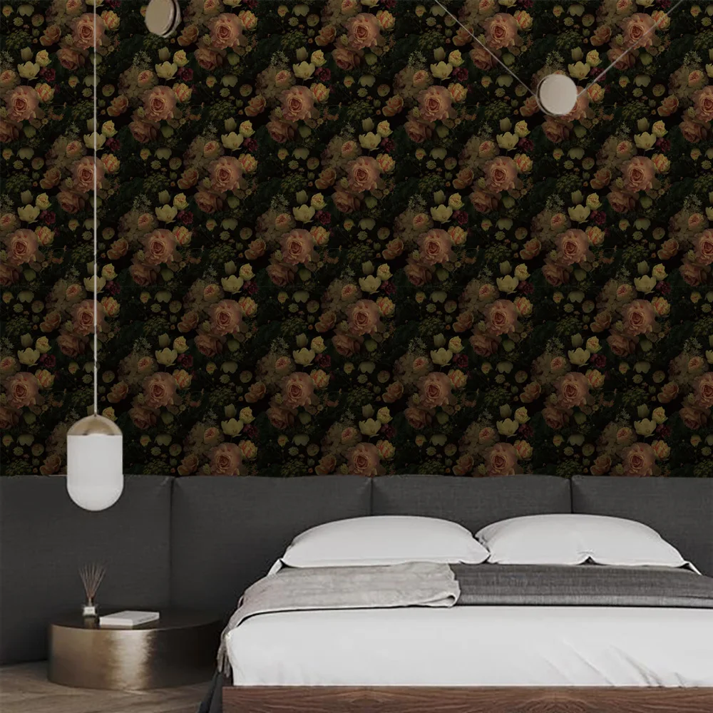 Dark Floral Peel and Stick Wallpaper Vintage Black Rose Contact Paper Waterproof Self Adhesive Boho Decor Wall Paper for Bedroom