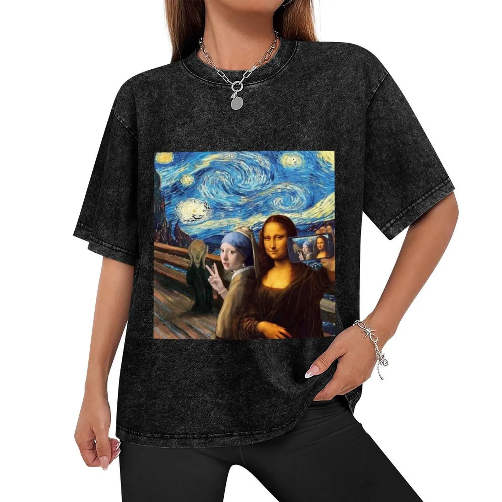 Girl With A Pearl Earring Selfie With Mona Lisa Edition T-Shirt sports fans oversized graphic tee mens graphic t-shirts hip hop