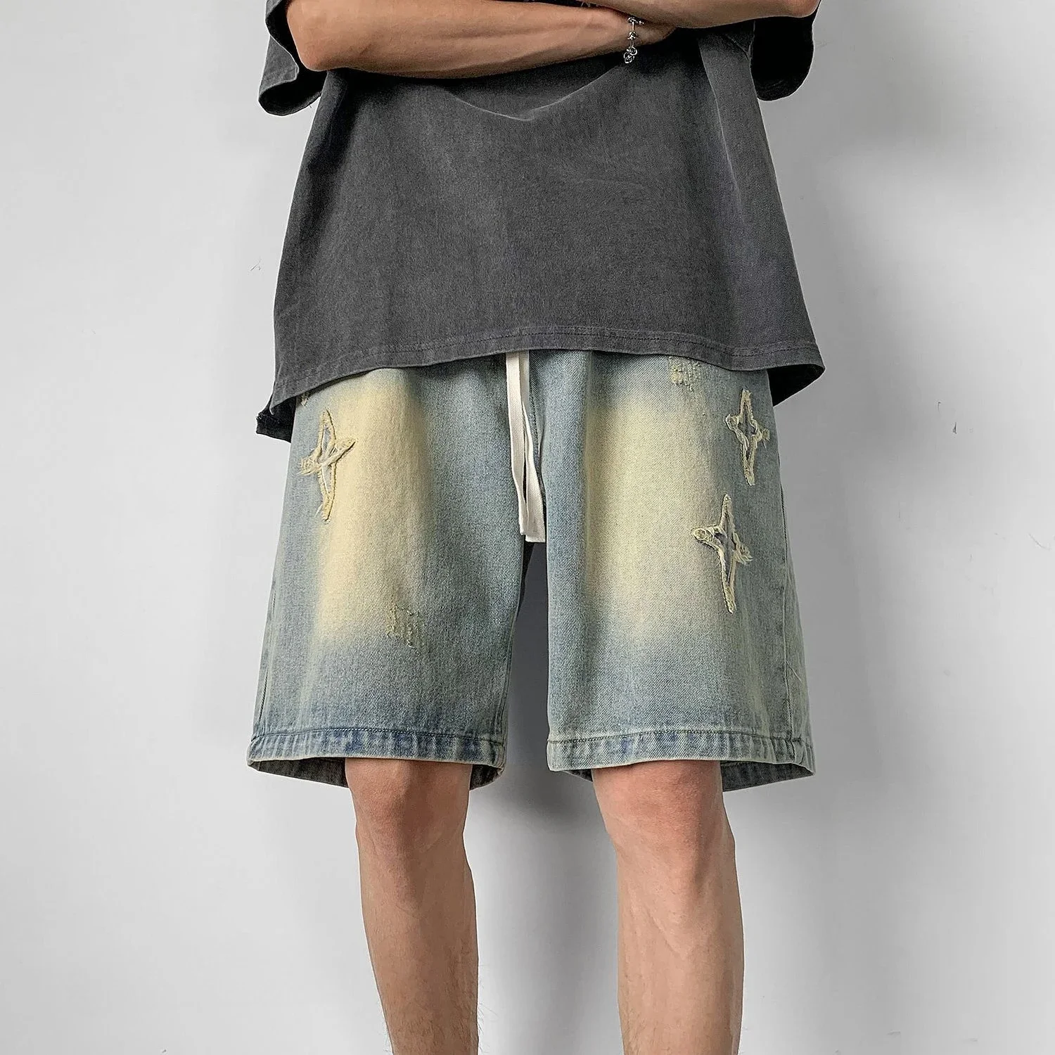 Celana Jeans Pendek Serut Longgar untuk Pria Celana Pendek Denim Pria Saku Setengah Longgar Panjang Lebar Bermuda Kancing Jorts Emo Antik