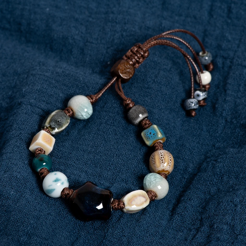 خمر ستار السيراميك حبة سوار قابل للتعديل 16-26 سنتيمتر اليدوية متعدد الألوان الصقيل مجوهرات مع الحبل الشمع S02-062