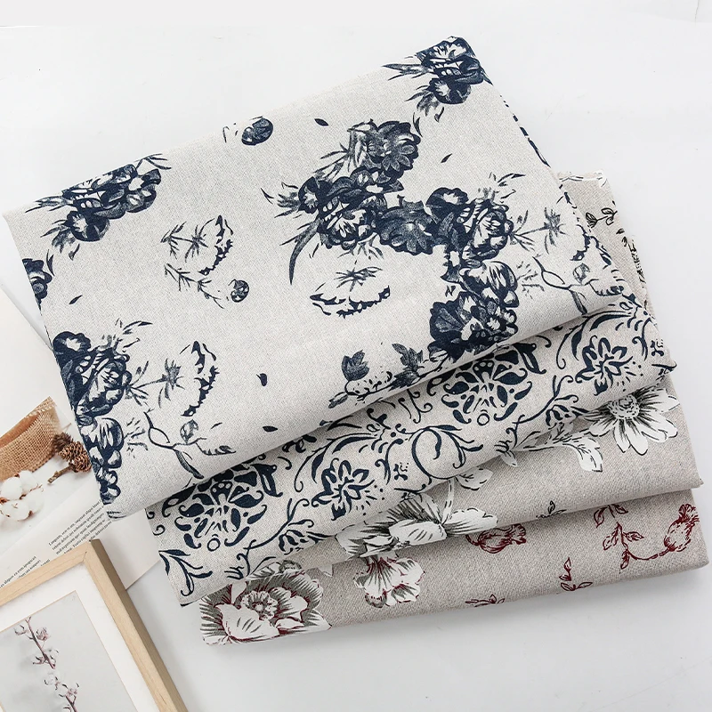 Retro Blue White Porcelain Pattern Ink Paint Cotton Linen Fabric DIY Handmade Seting Curtain Tablecloth Storage Bag