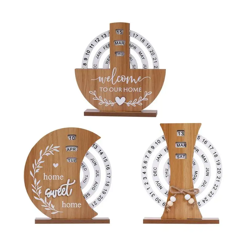 Wooden Perpetual Calendar Rotatable Time Record Card Reusable Disk Calendar Handicraft Wall Hanging Crafts Xmas Birthday Gift