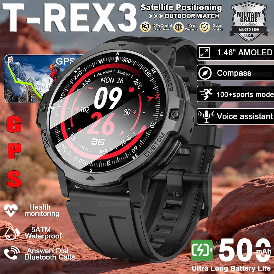 

T-Rex 3, военные GPS-смарт-часы, мужские встроенные двухдиапазонные GNSS, 5 АТМ, водонепроницаемые, компас, альтиметр, HD-вызов, спортивные умные часы