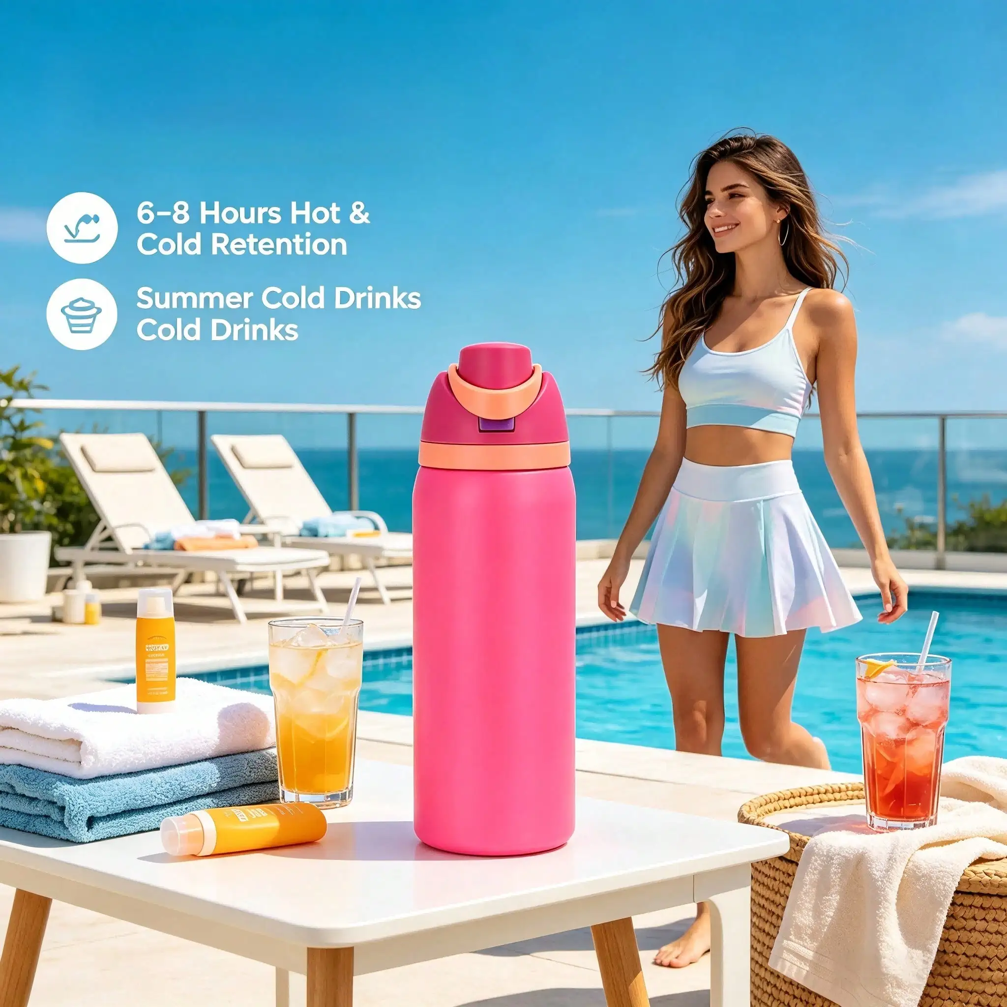 Stainless Steel Water Bottle with Straw, 32 oz, Thermal Insulated, (Pink) Keeps Drinks Cold/Hot for Hours, Leak-Proof Straw, Reduces Single-Use Plastic Waste.