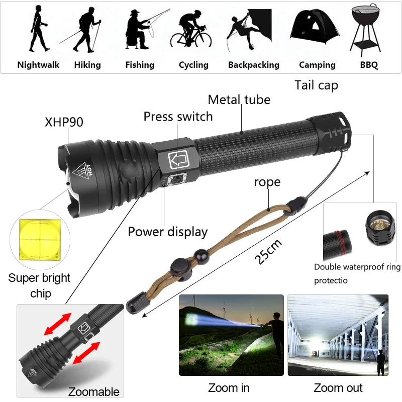 NEW P90 Most Powerful LED Flashlight 18650 26650 Zoom Torch P70.2 USB Rechargeable Light Camping Lamp Dreamcast Portable