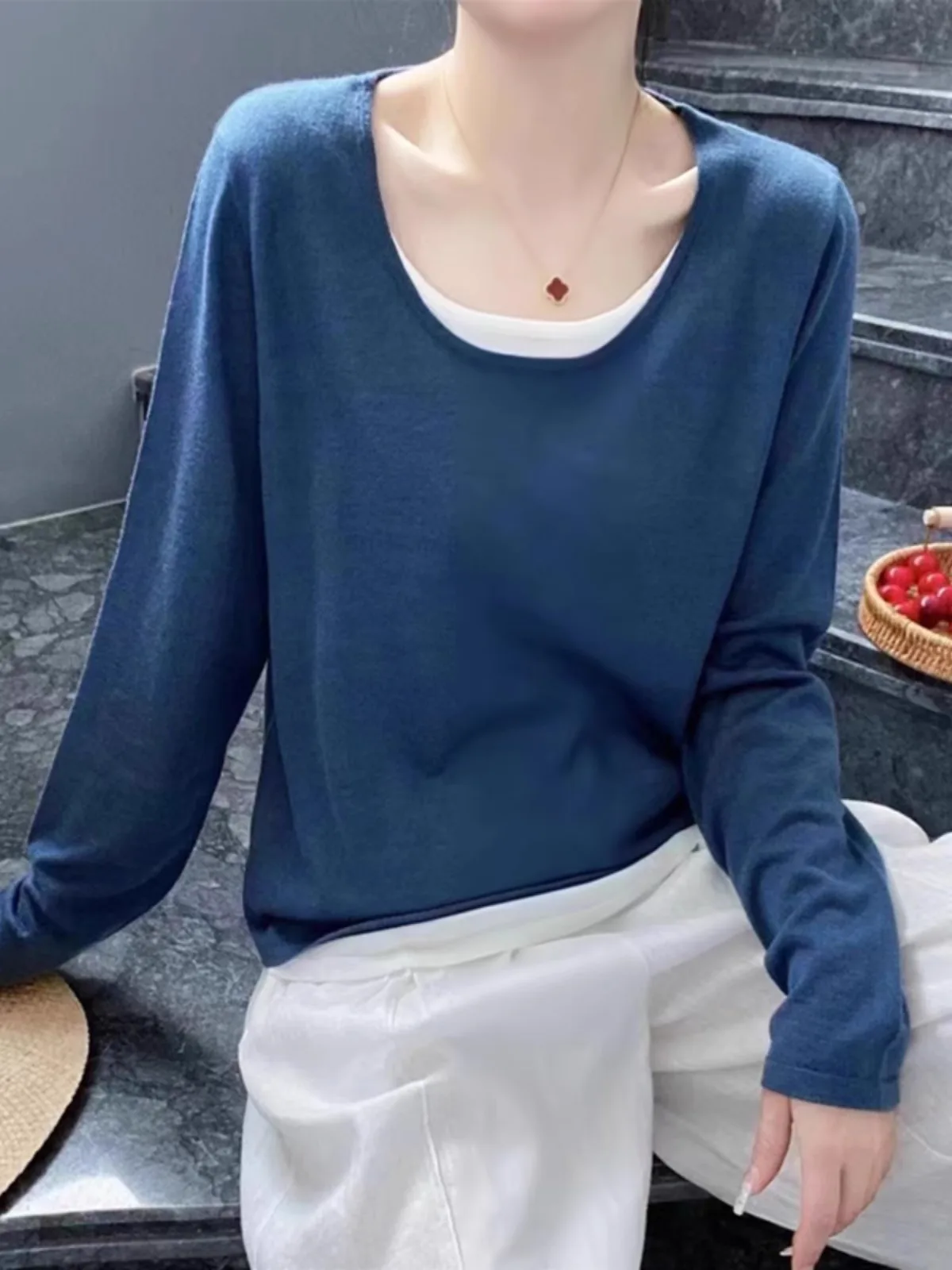 2024 Splicing color contrast cashmere knitwear women\'s spring and autumn thin loose round neck matching color wool base shirt