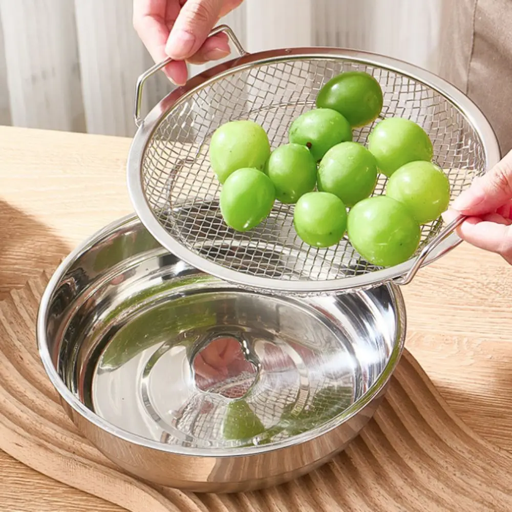

Steaming Rack Stainless Steel Oil Filter Tray Mesh Rust-proof Air Fryer Drain Basket with Handle Round Tempura Drip Pan Fruit