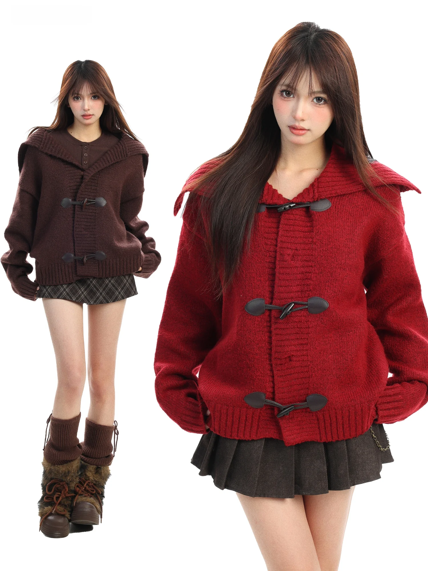 

PTGINKIN New Year Red Button Cardigan Sweater Women's Autumn Winter Thick Soft Lazy Style Knitted Outerwear Vintage Loose Fit