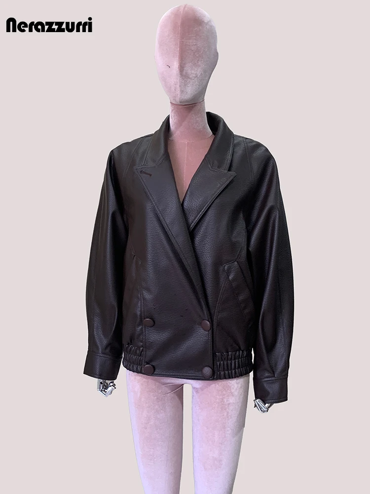 Lautaro primavera otoño corto suave marrón Pu chaqueta de cuero mujeres solapa pico doble botonadura elegante ropa de lujo
