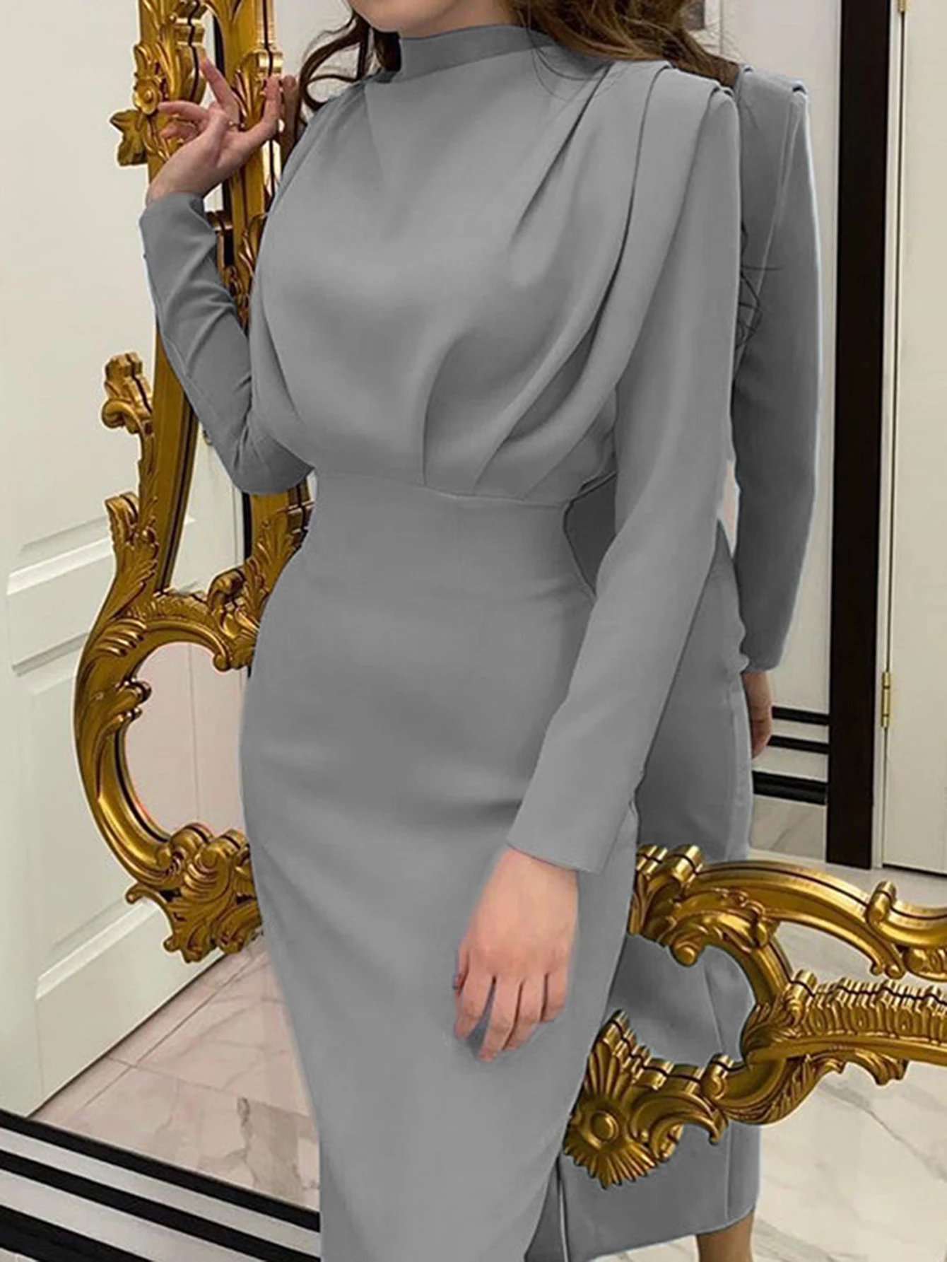 فستان نسائي أنيق لمكتب الأعمال بأكمام طويلة وياقة مدورة ميدي عادي بخصر مقصوص للارتداء اليومي في الخريف والشتاء